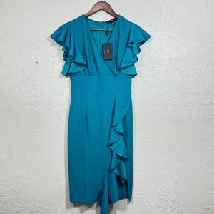 Knitee 9004 Sheath Dress Medium Acid Blue Teal Ruffle Hi‎ Low Siren Cocktail New